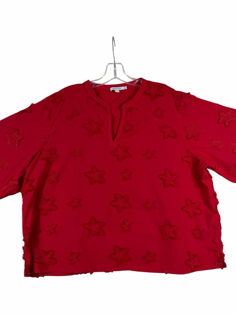 Chico's Women’s Short Sleeve Shirt 3 16 Loose Fit Red Embroidered Stars